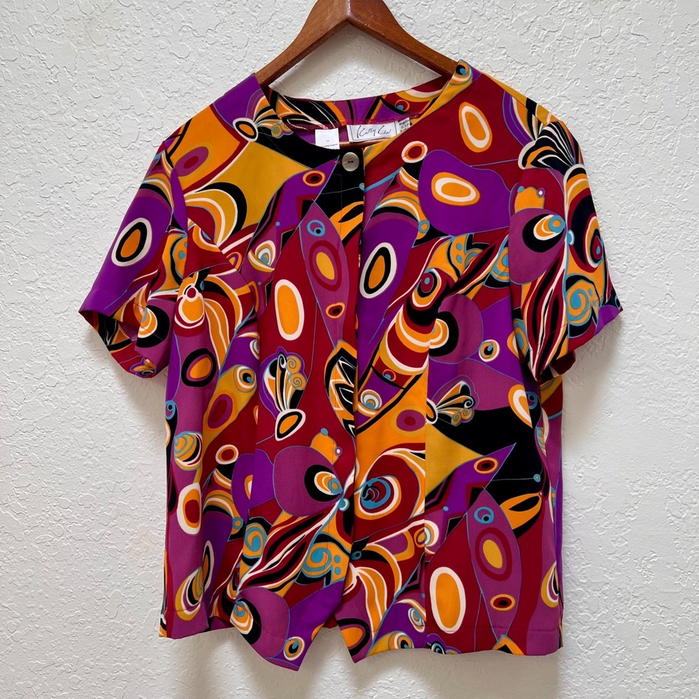 Kathy Che Womens VTG Style Abstract Psychedelic Print Button Up Blouse Top 14